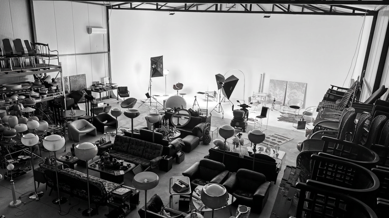 Black-and-white studio filled with vintage furniture and lighting props